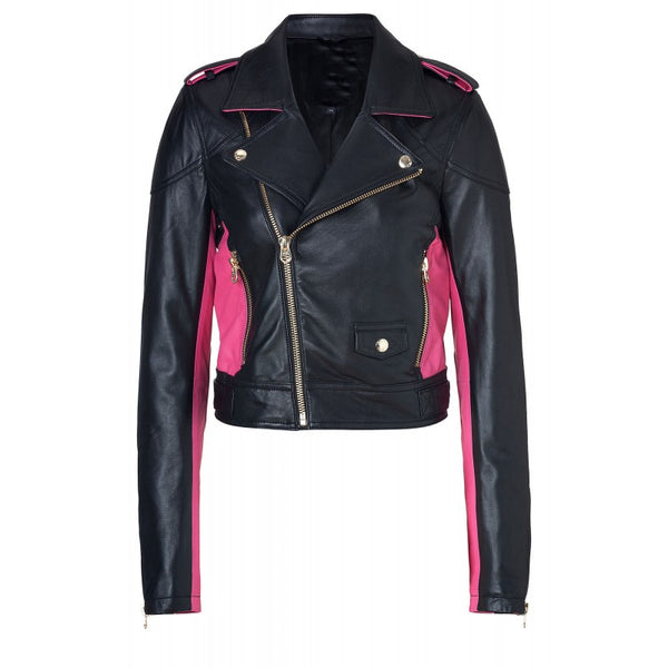 Pitch Black/Magenta Leather Moto Jacket