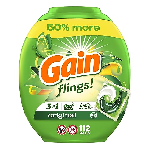 Gain Flings Laundry Detergent Pacs, 112 Count, Original Scent, 3 in 1 HE Detergent Pacs with Oxi Boost and Febreeze