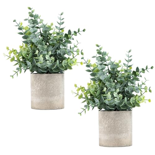 Coferset 2 Pack Small Fake Plants Eucalyptus Potted Artificial Plants for Shelf Desk Home Bathroom Farmhouse Room Coffee Table Decor (Sage Green)