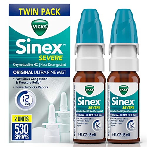 Vicks Sinex SEVERE Nasal Spray, Original Ultra Fine Mist, Decongestant Medicine, Relief from Stuffy Nose due to Cold or Allergy, & Nasal Congestion, Sinus Pressure Relief, 265 Sprays x 2