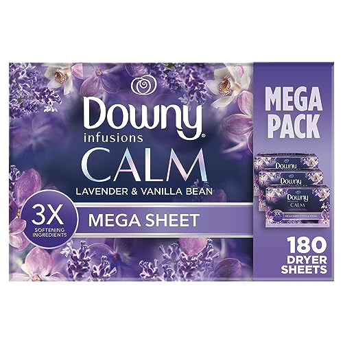 Downy Infusions Mega Dryer Sheets, Laundry Fabric Softener, CALM, Lavender and Vanilla Bean, 180 Count (3 box of 60 sheets)