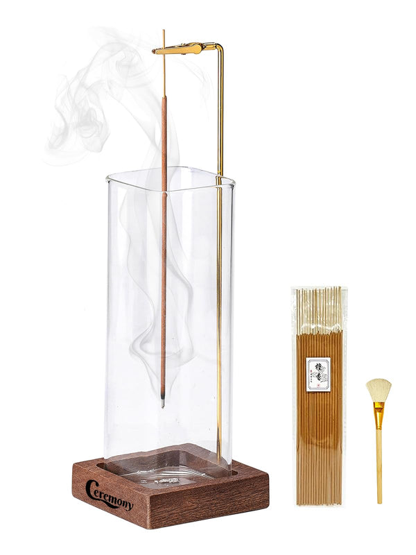 Ceremony Incense Holder, Wooden Incense Holder for Sticks with Glass Ash Catcher, Anti-ash Incense Burner with 20 Incense Sticks and a Ash Brush for Meditation Yoga Spa Room Decor