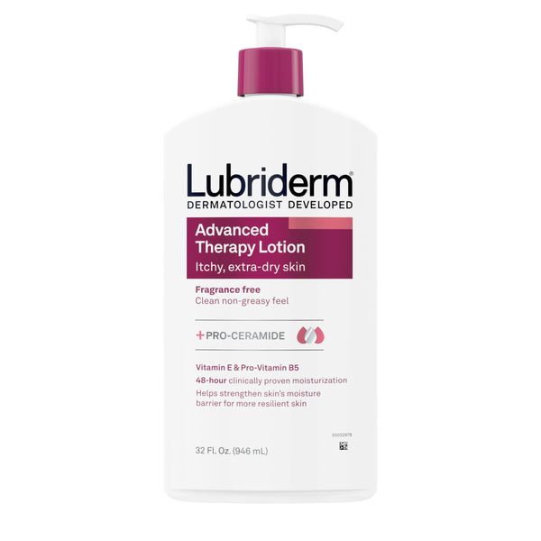 Lubriderm Advanced Therapy Moisturizing Hand and Body Lotion + Pro-Ceramide with Vitamin E and Pro-Vitamin B5, Non-Greasy, Fragrance-Free, Intense Hydration for Itchy, Extra Dry Skin, 32 FL OZ