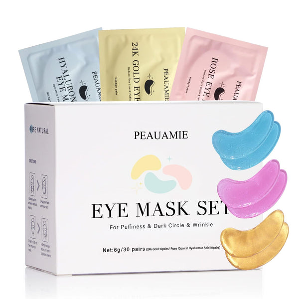 PEAUAMIE Under Eye Patches (30 Pairs) Gold Eye Mask and Hyaluronic Acid Eye Patches for puffy eyes,Rose Eye Masks for Dark Circles and Puffiness under eye skin care products