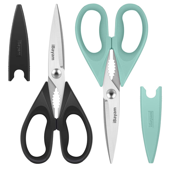 Kitchen Shears, iBayam Kitchen Scissors All Purpose Heavy Duty Meat Scissors Poultry Shears, Dishwasher Safe Food Cooking Scissors Stainless Steel Utility Scissors, 2-Pack, Black, Aqua Sky