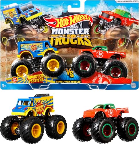 Hot Wheels Monster Trucks Toy Trucks 2-Pack, Demolition Doubles Set of 2 Vehicles in 1:64 Scale, for Kids & Collectors (Styles May Vary)