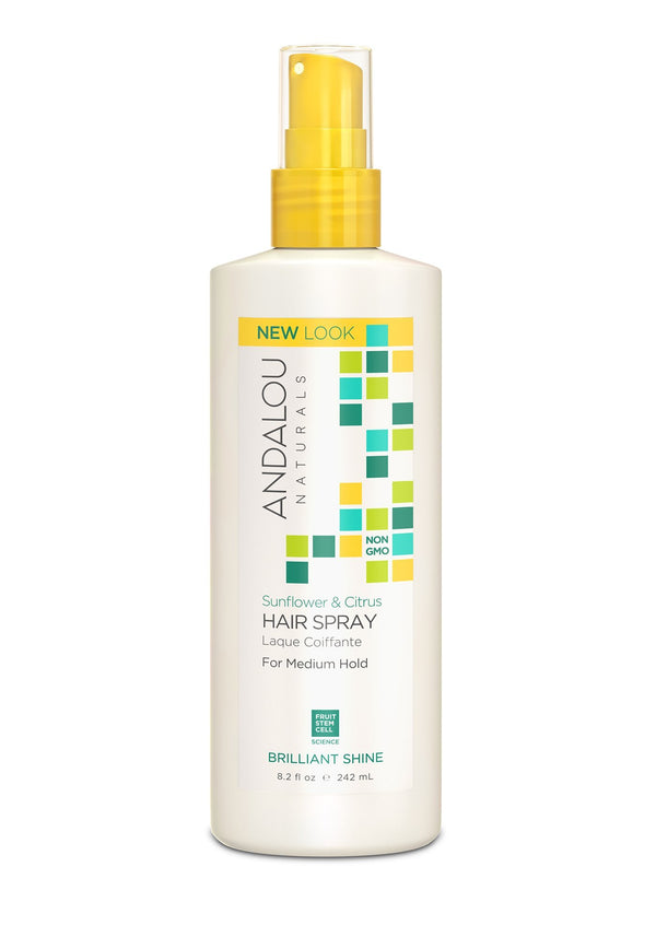 Andalou Naturals Sunflower & Citrus Brilliant Shine Hair Spray | Styling for Shine & Medium Hold | Aloe Vera for Frizz Control | Natural & Cruelty Free | 8.2 fl oz