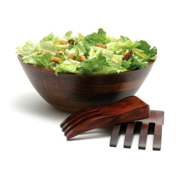 Lipper International Cherry Finished Wavy Rim Serving Bowl with 2 Salad Hands, Large, 13" x 12.5" x 5", 3-Piece Set
