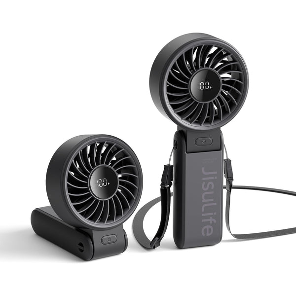 JISULIFE Handheld Fan Life7,2024 Powerful Portable Fan with LED Display[19.5Hrs Max Cooling]5000mAh,150°Folded,5 Speeds,Lanyard; 3-IN-1 Hand/Desk/Neck Fan,Travel Essentials Gifts for Women,Men(Black)