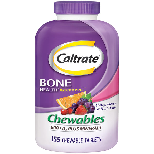 Caltrate Chewables 600 +D3 Plus Minerals Calcium and Vitamin D, Sugar Free, Cherry, Orange and Fruit Punch, 155 count