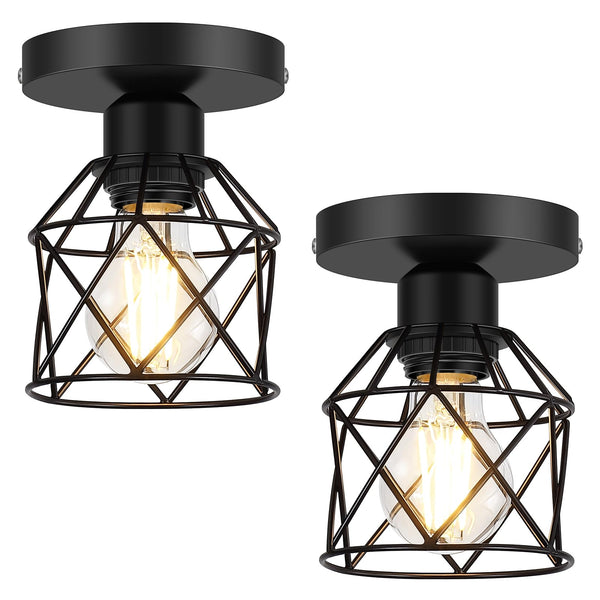 FadimiKoo 2-Pack Farmhouse Semi Flush Mount Ceiling Light, Black Hallway Light Fixtures Ceiling Mount, Small Metal Cage Indoor Ceiling Lamp for Kitchen Porch Bedroom (LED Bulbs Included)