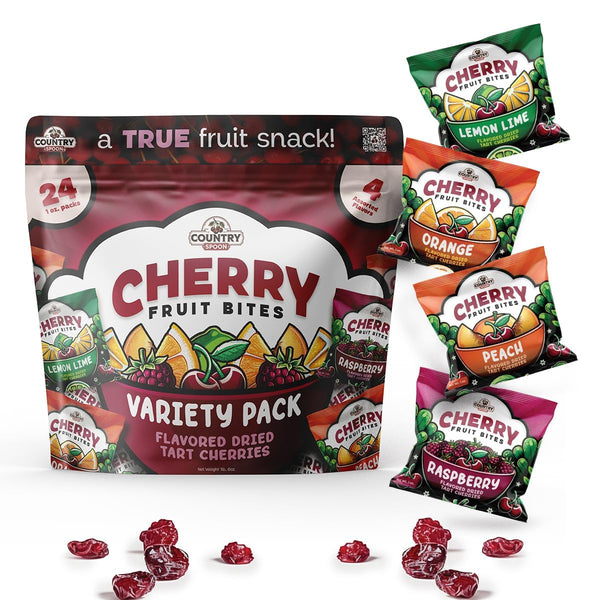 Country Spoon Real Fruit Snacks for Kids – 24 Variety Pack | Dried Tart Cherries Flavored with Orange, Raspberry, Peach & Lemon Lime | Gluten Free, Allergen Free, Non GMO, School Safe