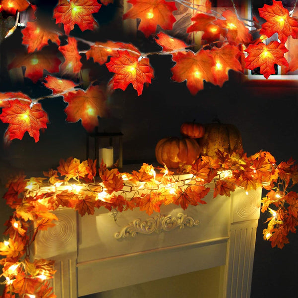 TURNMEON 2 Pack Fall Thanksgiving Decor Enlarged Maples Leafed Fall Decorations for Home Fall Lights Thick Leafs Garlands, Total 20Ft 40LED Battery Operated Waterproof Halloween Decor Indoor Outdoor