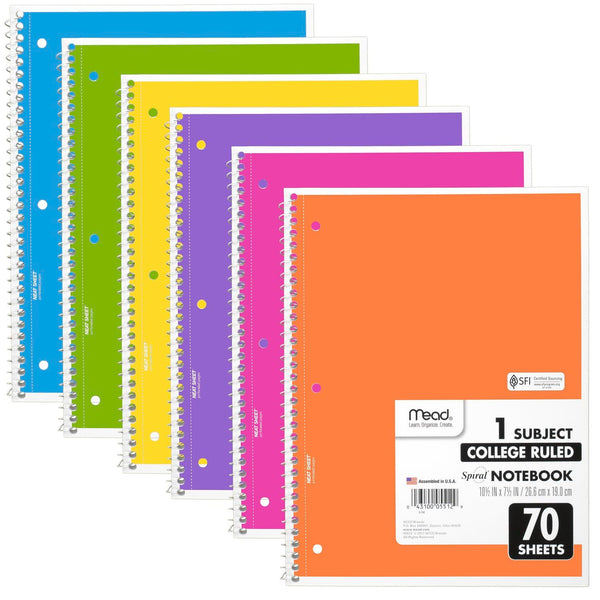 Mead Spiral Notebooks, 6 Pack, 1-Subject, College Ruled Paper, 8" x 10-1/2", 70 Sheets, Assorted Bright Colors (830050-ECM)