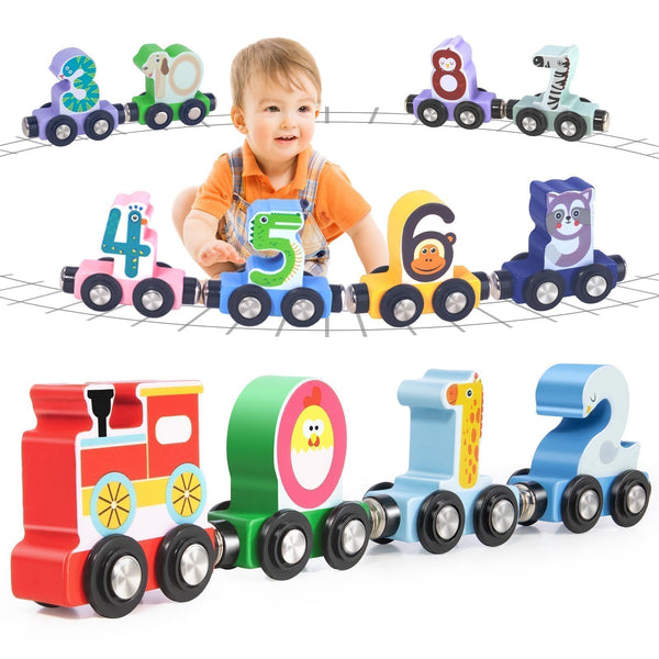 Lauon Toys for Toddlers, 12pc Wooden Magnetic Train Track Set with Animal and Digital Designs for Toddlers, Montessori Educational Toy for 2 3 4 5 Year Olds Boys and Girls Christmas Gift