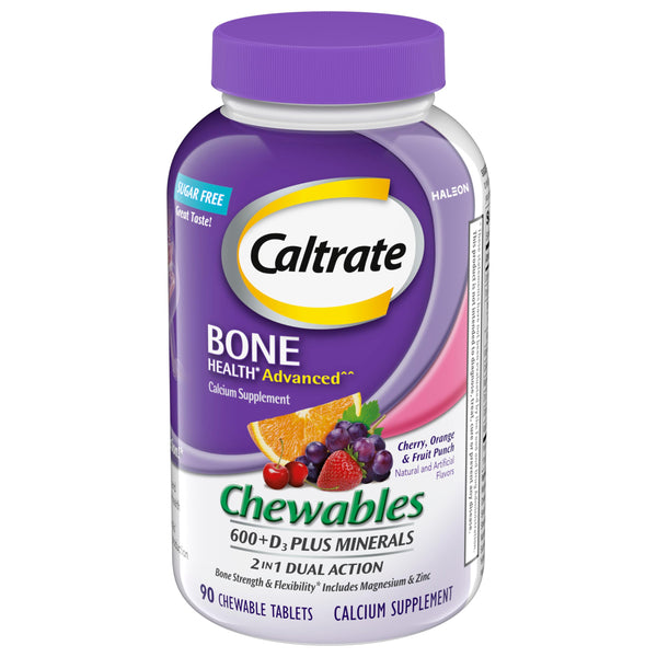 Caltrate Chewables 600 +D3 Plus Minerals Calcium and Vitamin D, Sugar Free, Cherry, Orange and Fruit Punch, 90 Count