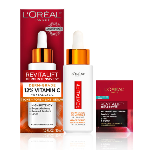 L'Oreal Paris Revitalift 12% Pure Vitamin C Serum, Vitamin E, Salicylic Acid, Brightening 1 oz + Moisturizer Sample