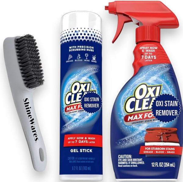 Oxi Clean Max Force Bundle - Gel Stick Stain Remover 6.2oz & Stain Remover Spray 12oz - Bundled with Laundry Stain Remover Brush (Compatible with OxiClean) Stain Remover Kit