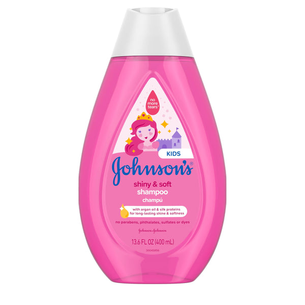 Johnson's Kids Shiny & Soft Tear-Free Kids' Shampoo with Argan Oil & Silk Proteins, Hair Wash Gently Cleanses & Boosts Natural Shine & Softness, Hypoallergenic, Sulfate-Free, 13.6 fl. oz