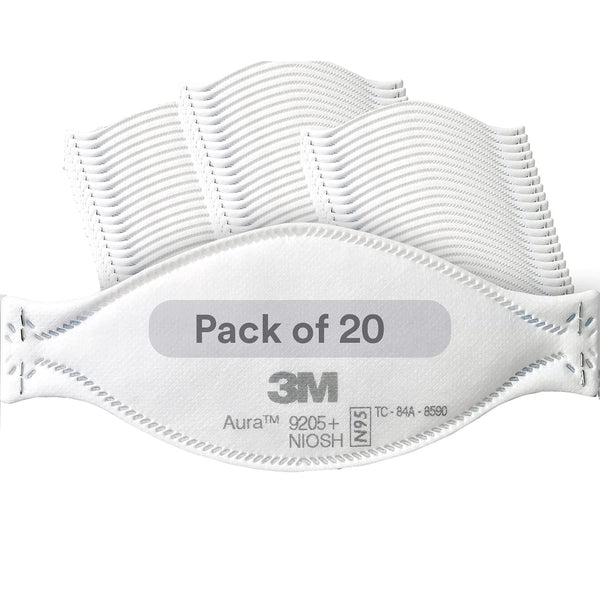 3M Aura Particulate Respirator 9205+, N95, Pack of 20 Disposable Respirators, Individually Wrapped, 3 Panel Flat Fold Design Allows for Facial Movements, Comfortable, NIOSH Approved, Smoke