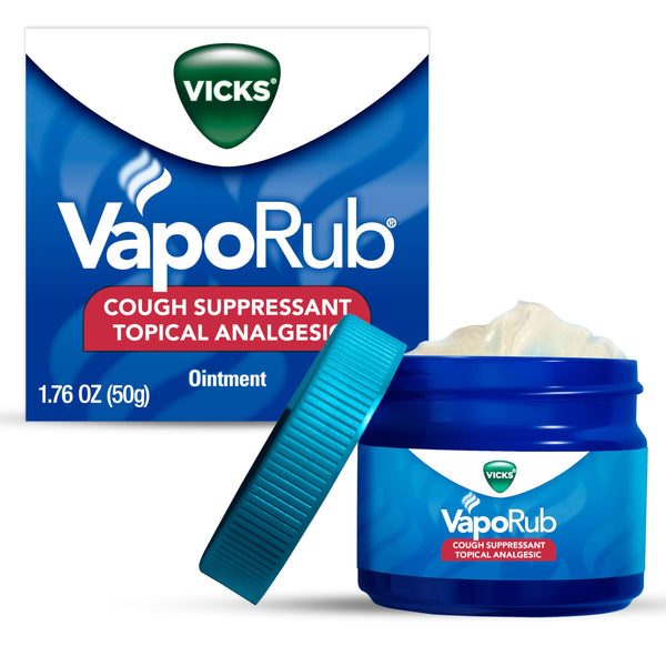 Vicks VapoRub, Original, Cough Suppressant, Topical Chest Rub & Analgesic Ointment, Medicated Vicks Vapors, Relief from Cough Due to Cold, Aches & Pains, 1.76oz