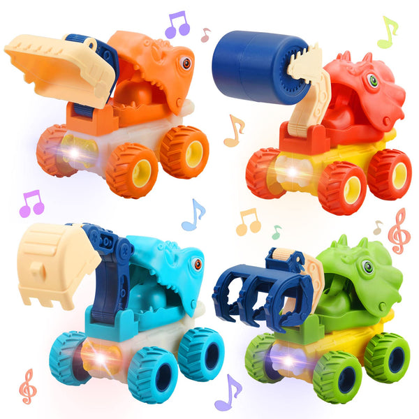 LONANDY Dinosaur Toy Construction Truck Toys, 4 Pack Monster Trucks for 3 4 5 6 7 Years Old Boys Girls, Dinosaur Car Toys Kids Birthday Gift with Sound & Light Effects