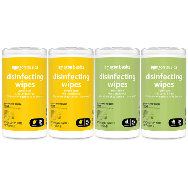 Amazon Basics Disinfecting Wipes, Lemon & Fresh Scent, Sanitizes/Cleans/Disinfects/Deodorizes, 340 Count (4 Packs of 85)