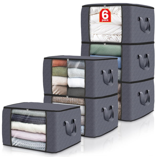 Fab totes 6 Pack Clothes Storage, Foldable Thik Fabric Blanket Storage Bags, Storage Containers for Organizing Bedroom, Closet, Clothing, Comforter, Organization and Storage with Lids and Handle, Grey