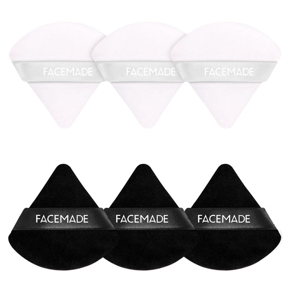 FACEMADE 6 Pieces Face Powder Puff with a Travel Case, Soft Makeup Puff with a Container, Triangle Velour Makeup Sponge for Loose Powder Body Powder, Beauty Makeup Tools, Black and White