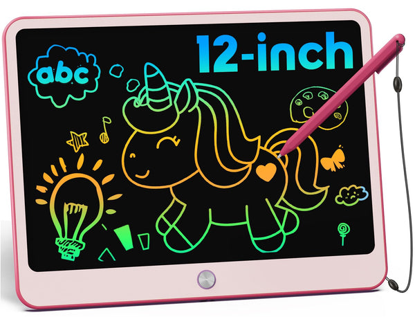 bravokids LCD Writing Tablet, 12 Inch Colorful Toddler Doodle Board, Erasable Drawing Pads with Lanyard, Educational Toy for Kids, Christmas Birthday Gifts for 3 4 5 6 7 8 Years Old Boy Girls-Pink