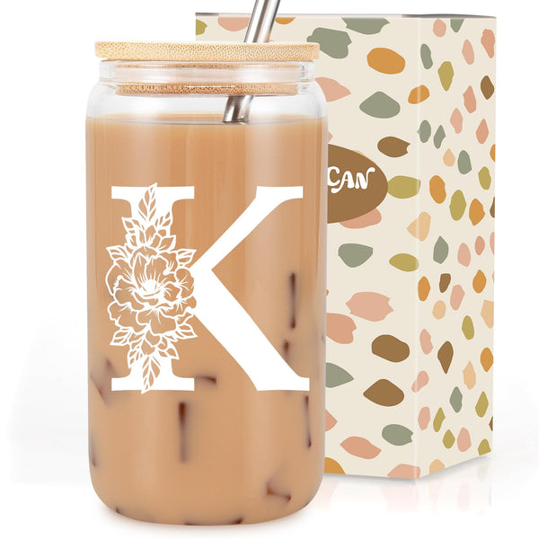 Coolife Initial Glass Cup, Monogrammed Gifts for Women, 16 oz Glass Cups w/Lids Straws, Iced Coffee, Smoothie, Beer Glass Tumbler w/Straw Lid - Personalized Mothers Day, Birthday Gifts for Her Mom