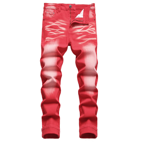 Men's Slim Fit Red Stretch Destroyed Ripped Skinny Denim Jeans Men's Stretch Biker Ripped Jeans with Zipper Straight Fit Denim Pants Fashion Mens Slim Fit Skinny Denim Jeans