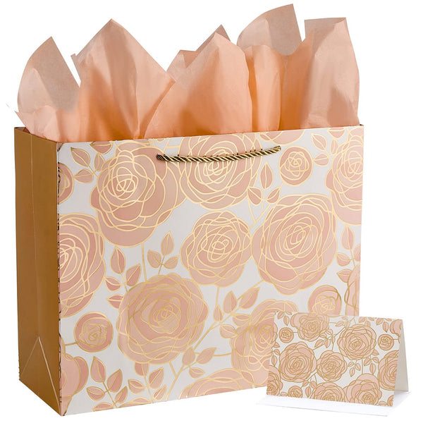 SUNCOLOR 13" Rose Gold Large Gift Bag with Card and Tissue Paper