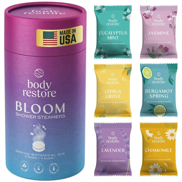 Body Restore Shower Steamers Aromatherapy 6 Packs - Fathers Day Dad Gifts, Relaxation Birthday Gifts for Women and Men, Stress Relief and Effortless Self Care, Bloom Variety Scent Shower Bombs