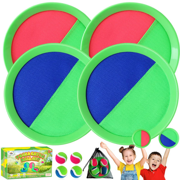 Toss Catch Ball Outdoor Toy: Upgraded Kid Outside Toy Game Beach Backyard Lawn Sport Activity Fun Outside Indoor Family Toy for Age 3-12 Girl Boy Kid Birthday Gift with 4 Sticky Paddles 4 Throw Balls