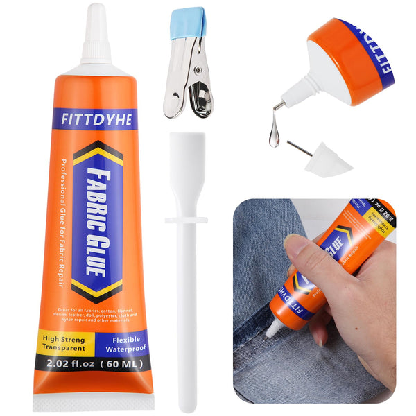FITTDYHE Fabric Glue Permanent, 60 ML Washable Clear Clothing Glue, Super Fabric Adhesive for Rhinestones, Patches, Clothes, Denim, Leather, Polyester, Fabrics, Doll Repair, Flannel, Cotton