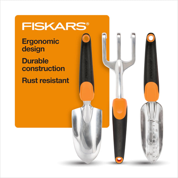 Fiskars Gardening Tool Set, 3 Pack Includes Rust Resistant Trowel, Transplanter, and Cultivator Garden Tools for Outdoor Planting, Ergonomic Yard Tools Kit - Gardening Gifts for Women