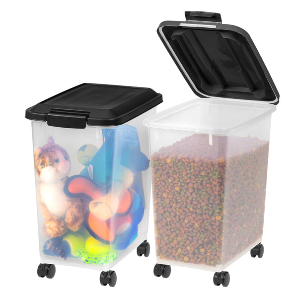 IRIS USA Dog Food Storage Container, 2 Pack, Up to 30 lbs Each, Airtight Seal for Freshness, Wheels for Rolling, Easy One Hand Opening, Made in USA, BPA Free, Clear/Black