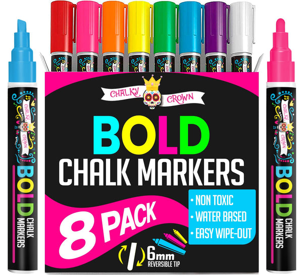 Liquid Chalk Markers for Blackboards - Bold Color Dry Erase Marker - Chalk Markers for Chalkboard Signs, Windows, Blackboard, Glass - 6mm Reversible Tip (8 Pack) - 24 Chalkboard Labels Included