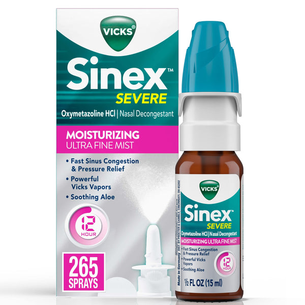 Vicks Sinex Severe Nasal Spray with Moisturizing Ultra Fine Mist, Decongestant for Stuffy Nose Relief from Cold, Allergy, Sinus Pressure - 265 Sprays