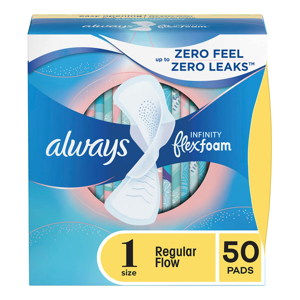 Always Infinity Feminine Pads for Women, Size 1 Regular, with Wings, unscented, 50 ct