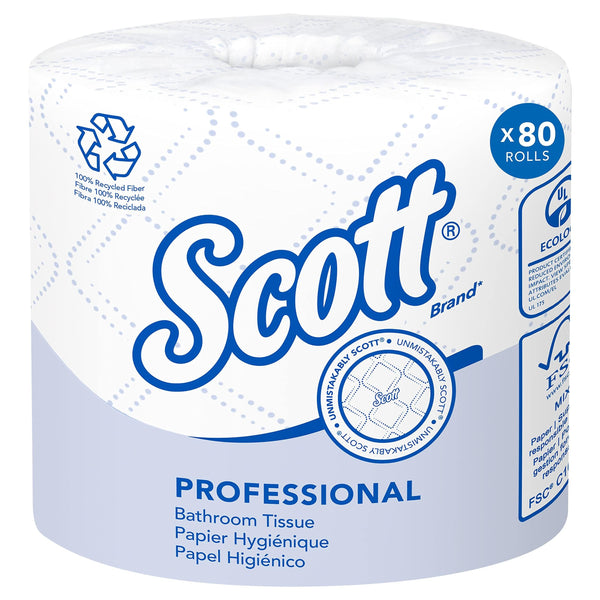 Scott® Professional 100% Recycled Fiber Standard Roll Bulk Toilet Paper (13217), 2-Ply, Elevated Design, White, Individually wrapped rolls (473 Sheets/Roll, 80 Rolls/Case, 37,840 Sheets/Case)