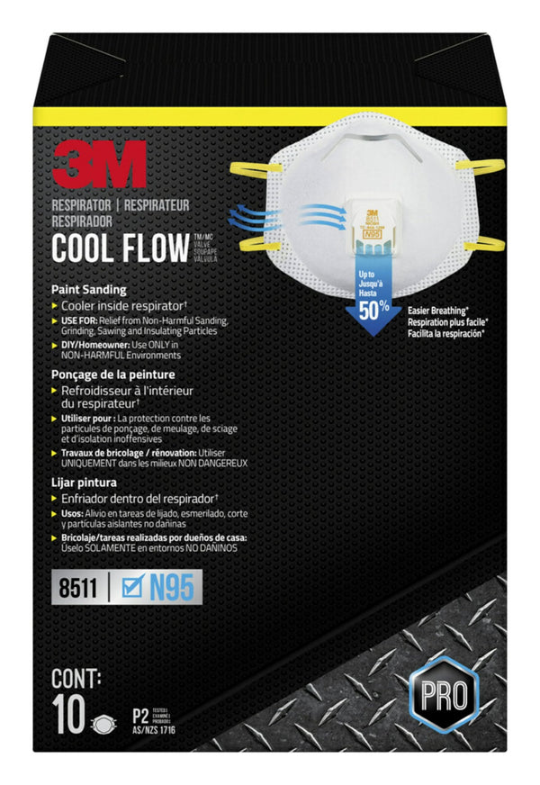 3M N95 Respirator 8511, 10 Pack, NIOSH-APPROVED N95, Features 3M COOL FLOW Exhalation Valve, Relief From Dusts & Certain Particles During Sanding, Pollen, Mold Spores, Dust Particles (8511DB1-A-PS)