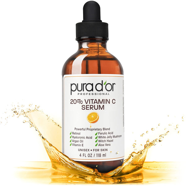 PURA D'OR 20% Vitamin C Serum 4 Oz - Lightweight Maximum Strength Formula - Retinol, Hyaluronic Acid, Ferulic Acid - Professional Grade Treatment For Face & Eyes, Wrinkles - Men & Women