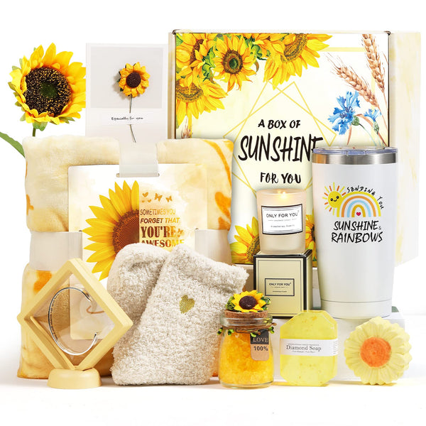 Sending Sunshine Gifts for Women, Care Package for Women, 10 Pcs Sunflower Gifts, Get Well Soon Gifts Basket, Unique Birthday Gifts Box with Inspirational Blanket Candle for Women, Her, Mom, Wife