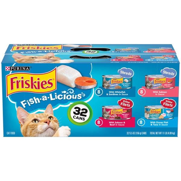 Purina Friskies Wet Cat Food Variety Pack Fish-A-Licious Extra Gravy, Prime Filets and Tasty Treasures - (Pack of 32) 5.5 Oz. Cans