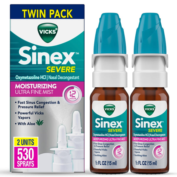 Vicks Sinex Severe Nasal Spray, Moisturizing Ultra Fine Mist with Aloe, Decongestant Medicine, Relief from Stuffy Nose Due to Cold or Allergy, Nasal Congestion & Sinus Pressure Relief, 265 Sprays x 2