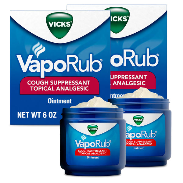 Vicks VapoRub, Original, Cough Suppressant, Topical Chest Rub & Analgesic Ointment, Medicated Vicks Vapors, Relief from Cough Due to Cold, Aches & Pains, 6oz (2 Count)