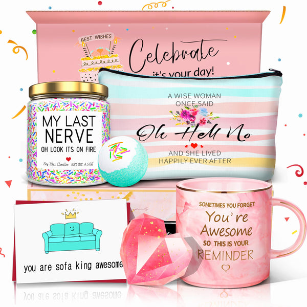 Jumway Birthday Gifts for Women - Best Friend Mom Bestie Birthday Gifts - 7 Pcs Gifts Set includes 11oz Coffee Mug, Candle, Soap, Bath Bomb, Bag and Card