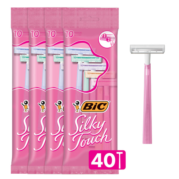 BIC Silky Touch Women's Disposable Razors, With 2 Blades, Pretty Pastel Razor Handles, 40 Count Value Pack of Womens Razors